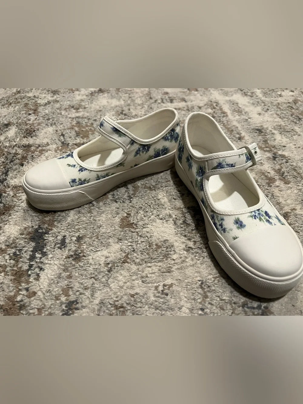 The Children's Place Cream Canvas Mary Jane Sneakers with Blue Floral Print; 1